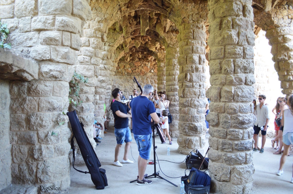 Artists in colonnaded footpath, Park Guell - Barcelona