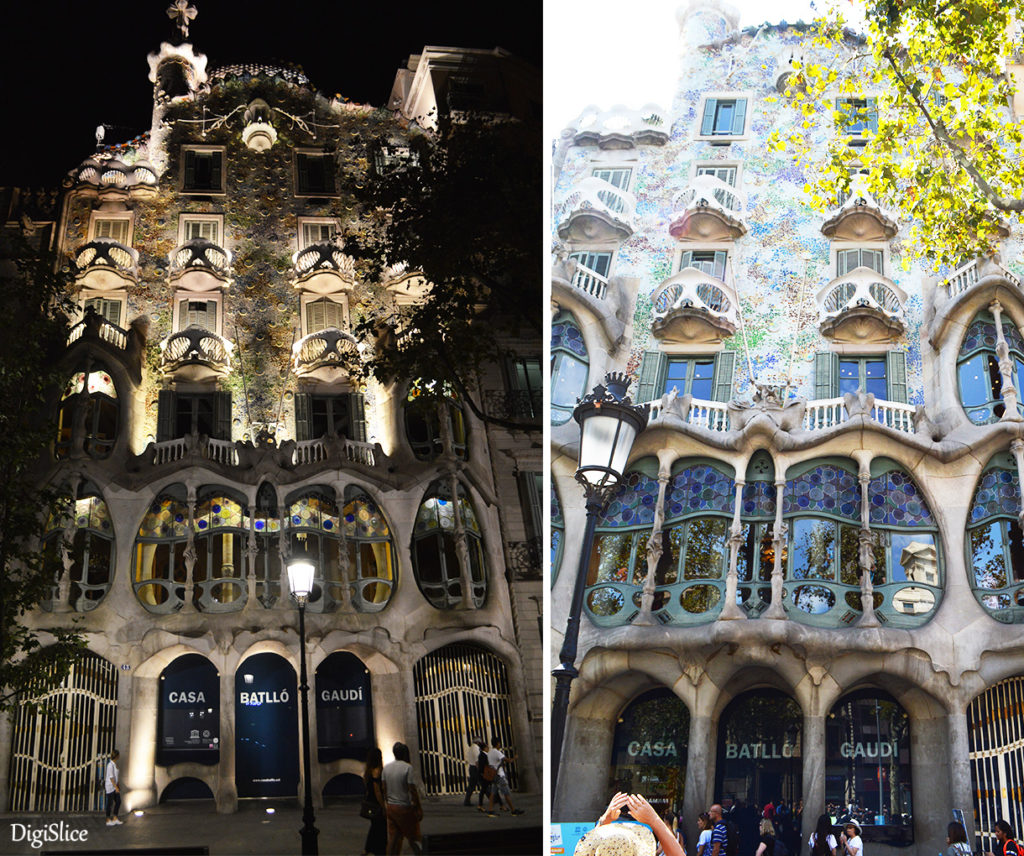 Casa Batlló facade at night & day - Barcelona